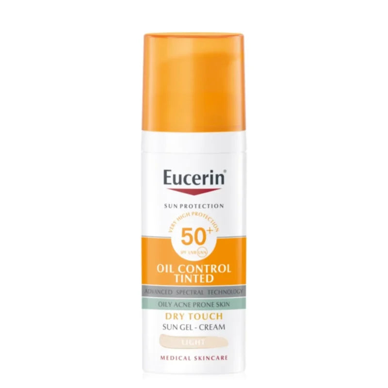 Eucerin Face Sunscreen Oil Control Tinted Gel-Cream Dry Touch, High UVA/UVB Protection, SPF 50+, Color Pigments for Dual Effect, Immediately Covers Skin Imperfections, For Oily Acne-Prone Skin, 50ml