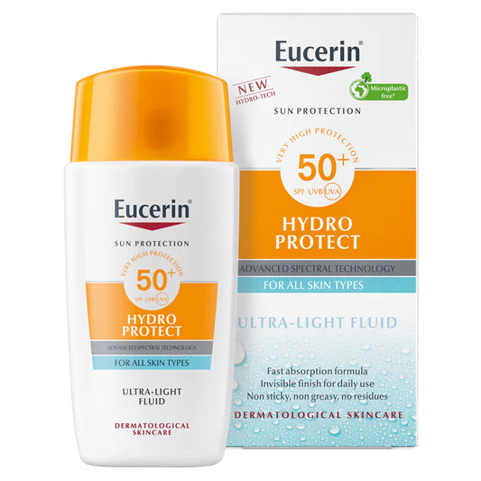 Eucerin Sunscreen Hydro Protect Face Ultra Light Fluid, High UVA/UVB Protection, SPF 50+, Suitable for Daily Use, Non sticky, Non Greasy, Suitable for All Skin Types, 50ml