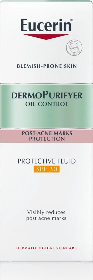 Eucerin DermoPurifyer Oil Control Protective Face Fluid for Post-Acne Marks Protection, UVA & UVB Protection, SPF 30, Daily Protection for Acne-Prone Skin, Anti-Shine, Long-Lasting Matte Finish, 50ml