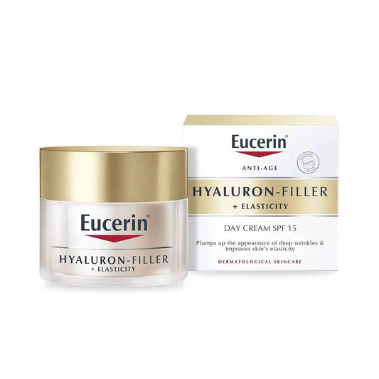 Eucerin Hyaluron Filler + Elasticity Anti-Aging Face Day Cream with Hyaluronic Acid & Collagen, UVA & UVB Sun Protection SPF 15, Plumps up Deep Wrinkles & Improves Elasticity, For All Skin Types, 50ml
