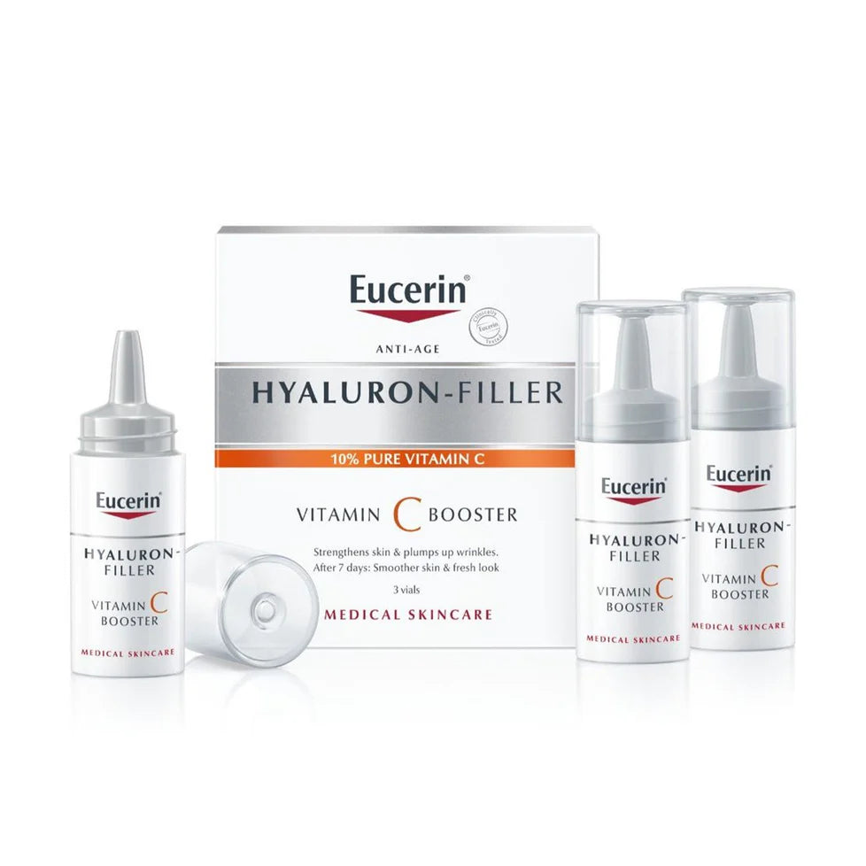 Eucerin Hyaluron Filler Anti-Aging Face Serum Vitamin C Booster with Hyaluronic Acid, Plumps up Deep Wrinkles, for Fresh and Radiant Skin, Suitable for All Skin Types, 3 x 8ml